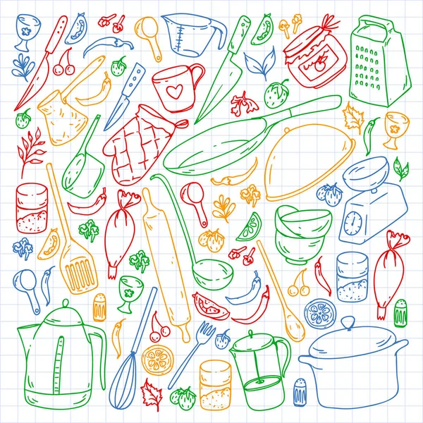 Clase de cocina. Menú. Utensilios de cocina, utencils. Iconos de comida y cocina . — Vector de stock