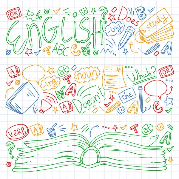 Escuela de idiomas para adultos, niños. Cursos de inglés, clase . — Vector de stock
