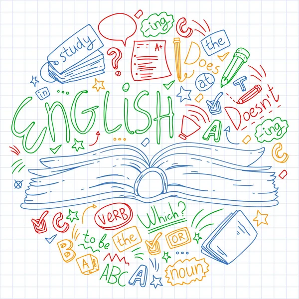 Ξένων γλωσσών για ενήλικες, παιδιά. Μαθήματα αγγλικών, τάξη. — Διανυσματικό Αρχείο