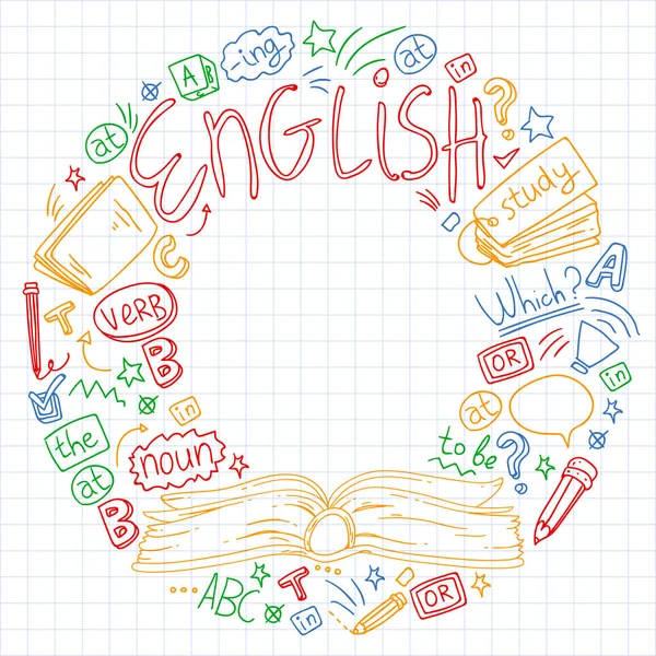 Escola de línguas para adultos, crianças. Cursos de inglês, aula . —  Vetores de Stock