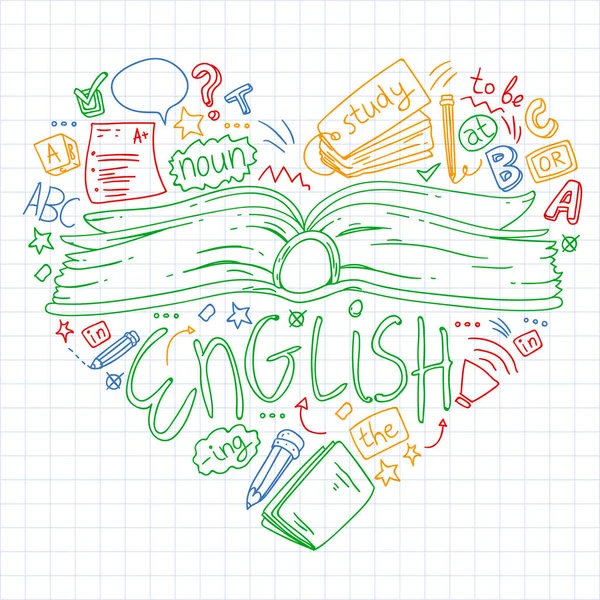 Escuela de idiomas para adultos, niños. Cursos de inglés, clase . — Vector de stock