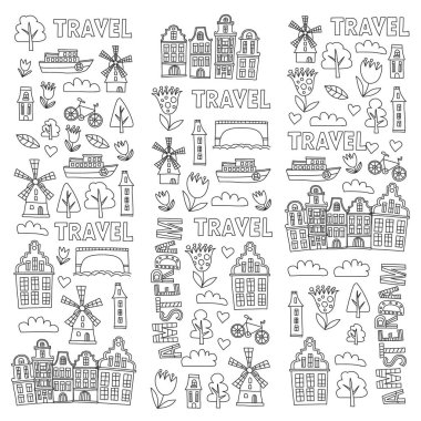 Holland, Hollanda, Amsterdam simgeler vektör desen. Doodle stili.