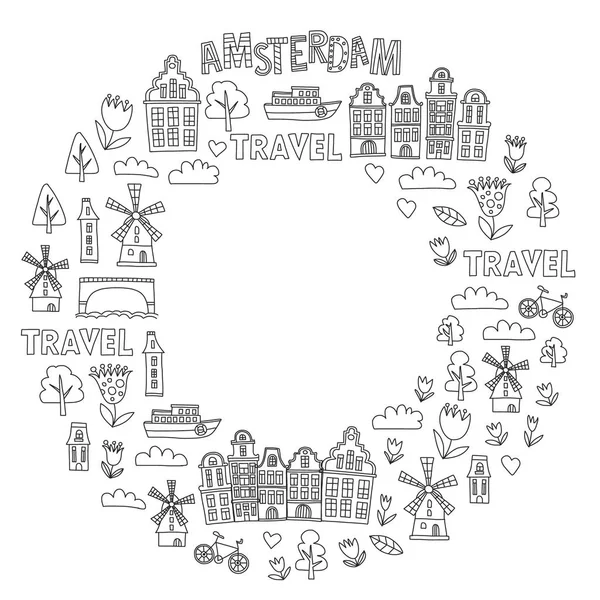 Vektormuster mit holländischen, niederländischen und amsterdam-Symbolen. Doodle-Stil. — Stockvektor