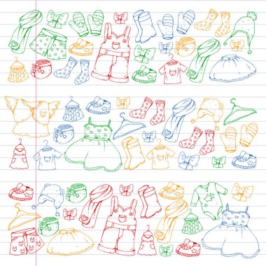 Çocuk kıyafetleri. Bebekler için arka plan, çocuk kalıpları.