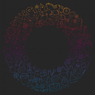 Anaokulu oyuncakları ile. Çocuklar için şablon. Küçük okul öncesi çocuklar eğitim. Oyun çizim, öğrenme,