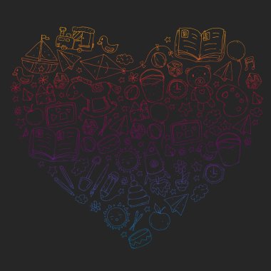 Anaokulu oyuncakları ile. Çocuklar için şablon. Küçük okul öncesi çocuklar eğitim. Oyun çizim, öğrenme,