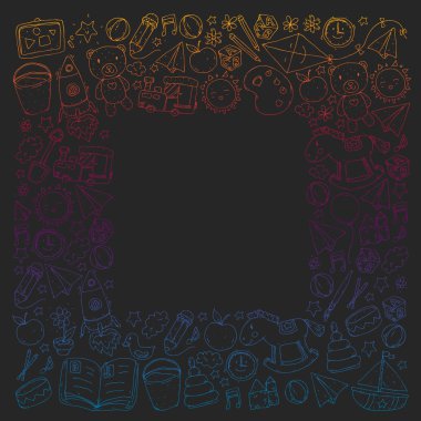 Anaokulu oyuncakları ile. Çocuklar için şablon. Küçük okul öncesi çocuklar eğitim. Oyun çizim, öğrenme,