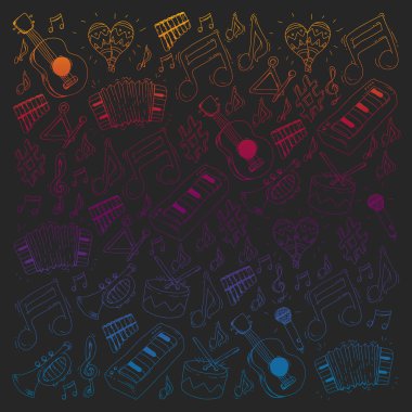 Müzik arka plan desenleri için. Müzik aletleri ile vektör çizim.