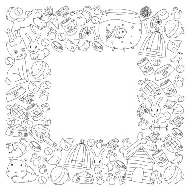 Evde beslenen hayvan dükkan. Vektör çizim hayvanlar, köpek, kedi, balık, kedi, kuş, köpek ile renkli arka plan ile. Veteriner Kliniği.