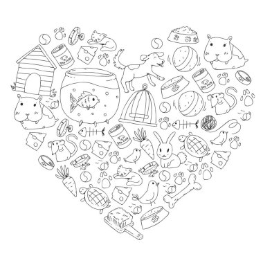 Evde beslenen hayvan dükkan. Vektör çizim hayvanlar, köpek, kedi, balık, kedi, kuş, köpek ile renkli arka plan ile. Veteriner Kliniği.