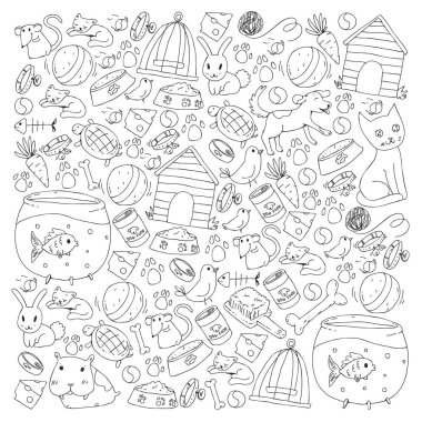 Evde beslenen hayvan dükkan. Vektör çizim hayvanlar, köpek, kedi, balık, kedi, kuş, köpek ile renkli arka plan ile. Veteriner Kliniği.