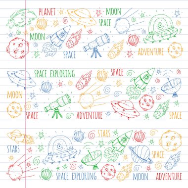 Uzay vektör çizim. Bilim, teknoloji desen. Roket ve uzay.