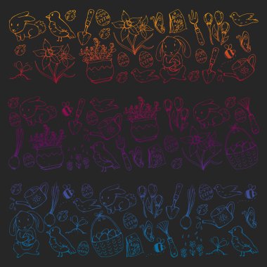 Paskalya vektör çizim. Bahar tasarımı desen için. Tatil dekorasyon için tebrik kartları. Tavşan, tavşan karakteri, yumurta, çiçekler, mevsimlik öğeleri.