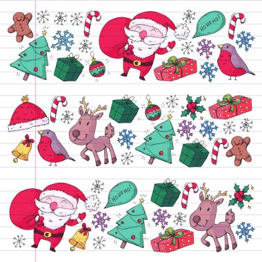 Noel kış partisi. Yeni Yılınız Kutlu Olsun. Şakrak kuşu, Noel Baba, kardan adam, geyik. Hediyeler ve şeker.