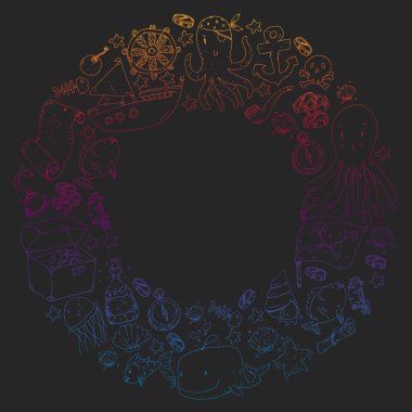 Okyanus ve deniz çocuklar için. Çocuklar için şablon. Korsan Partisi. Sevimli balıklar, hayvanlar, hazineler. Çocuklar tatil desen, plaj oyuncakları ve öğeleri.