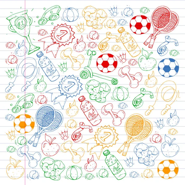 Векторний малюнок зі спортивними елементами. Фітнес, ігри, вправи . — стоковий вектор