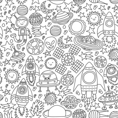 Boşluk simgeleri, gezegenler, uzay gemisi, yıldızlar, kuyruklu yıldızları, roketler, uzay mekiği, uçan daire ile vektör deseni.
