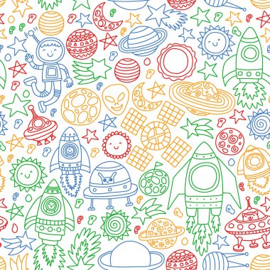 Boşluk simgeleri, gezegenler, uzay gemisi, yıldızlar, kuyruklu yıldızları, roketler, uzay mekiği, uçan daire ile vektör deseni.