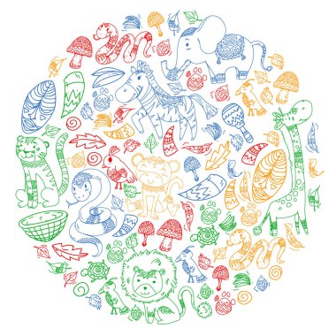 Vektör desen çocuk kumaş, tekstil, kreş duvar kağıdı. Küçük çocuklar için kabile elemanları ve hayvanlar ile Afrika desen.