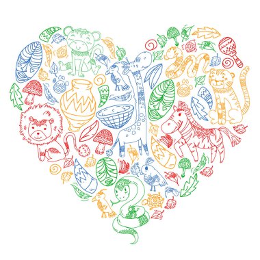 Vektör desen çocuk kumaş, tekstil, kreş duvar kağıdı. Küçük çocuklar için kabile elemanları ve hayvanlar ile Afrika desen.