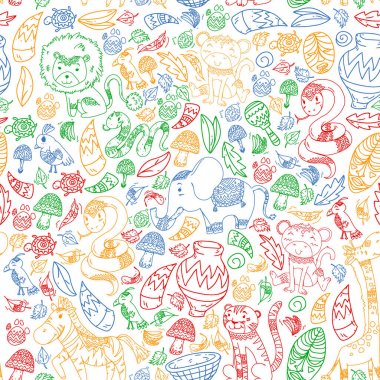 Vektör desen çocuk kumaş, tekstil, kreş duvar kağıdı. Küçük çocuklar için kabile elemanları ve hayvanlar ile Afrika desen.