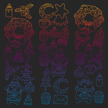 Hediyeler, Sevimli karikatür hayvanlar ile kağıt sarma için kış Noel vektör deseni. Yeni yıl kutlama.