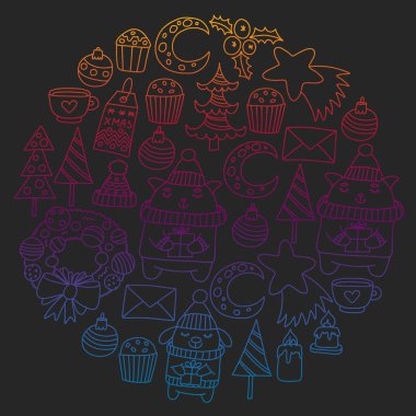 Hediyeler, Sevimli karikatür hayvanlar ile kağıt sarma için kış Noel vektör deseni. Yeni yıl kutlama.