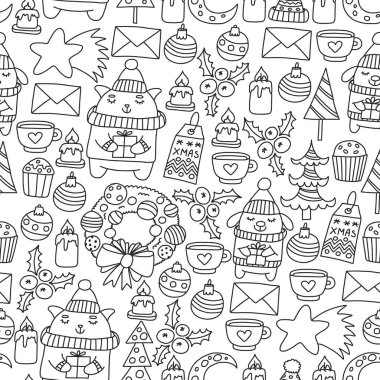 Hediyeler, Sevimli karikatür hayvanlar ile kağıt sarma için kış Noel vektör deseni. Yeni yıl kutlama.