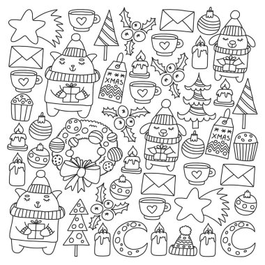 Hediyeler, Sevimli karikatür hayvanlar ile kağıt sarma için kış Noel vektör deseni. Yeni yıl kutlama.