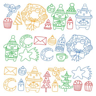 Hediyeler, Sevimli karikatür hayvanlar ile kağıt sarma için kış Noel vektör deseni. Yeni yıl kutlama.