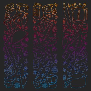 Yemek kursuna. Mutfak eşyaları, tabağını. Yemek ve mutfak simgeler.