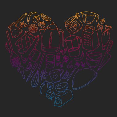 Yemek kursuna. Mutfak eşyaları, tabağını. Yemek ve mutfak simgeler.