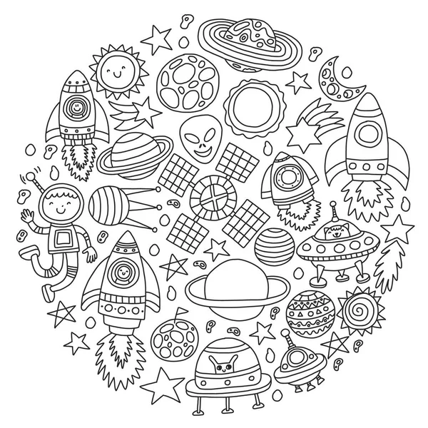 Modèle vectoriel avec icônes spatiales, planètes, vaisseaux spatiaux, étoiles, comètes, fusées, navette spatiale, soucoupes volantes . — Image vectorielle