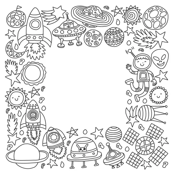 Vector pattern with space icons, planets, spaceships, stars, comets, rockets, space shuttle, flying saucers. — Stock Vector