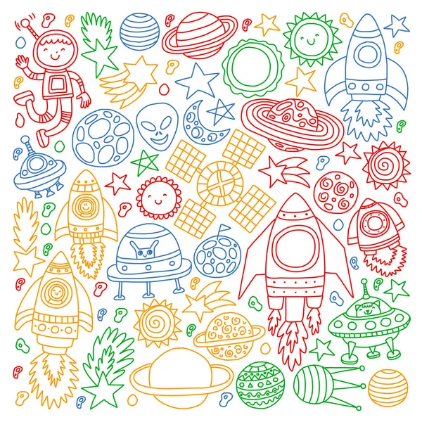Vector pattern with space icons, planets, spaceships, stars, comets, rockets, space shuttle, flying saucers. — Stock Vector