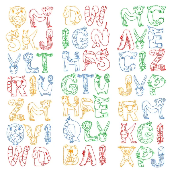 Tierbuchstaben. Buchstaben von a bis z. Flamingo, Giraffe, Pferd, Alligator, Bär, Katze, Hund, Elefant — Stockvektor