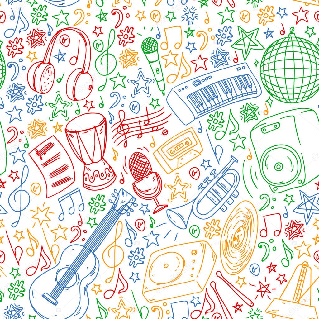 Musical pattern for posters, banners. Music festival, karaoke, disco, rock.