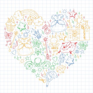 Doğum günü partisi Prenses tarzı. Farklı öğeleri vektör kümesi küçük kızlar için. Paket kağıdı, duvar kağıdı.