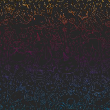 Peri Prenses ve sihirli tek boynuzlu atlar. Vektör desen sihirli kediler, atlar, köpekler.