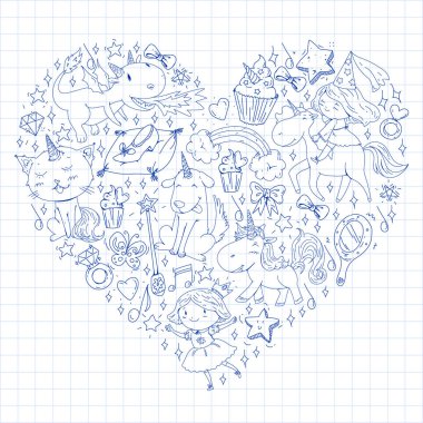 Peri Prenses ve sihirli tek boynuzlu atlar. Vektör desen sihirli kediler, atlar, köpekler.