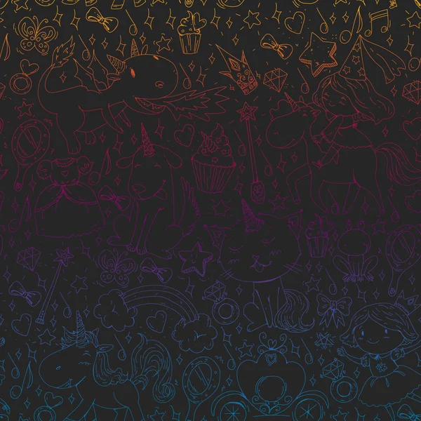 Peri Prenses ve sihirli tek boynuzlu atlar. Vektör desen sihirli kediler, atlar, köpekler.