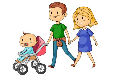 Hamile kadın ve küçük çocuklar ile Karikatür aile.