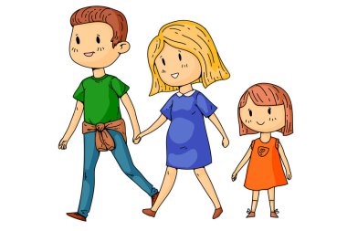 Hamile kadın ve küçük çocuklar ile Karikatür aile.