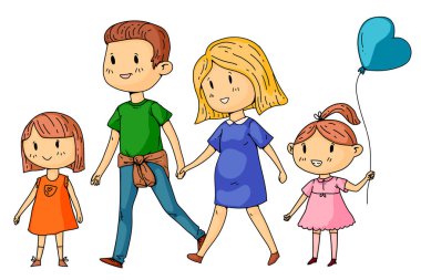 Hamile kadın ve küçük çocuklar ile Karikatür aile.