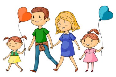 Hamile kadın ve küçük çocuklar ile Karikatür aile.