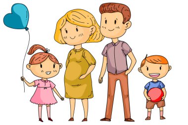 Küçük çocukları olan anne ve baba. Mutlu bir aile. Hamile kadın.