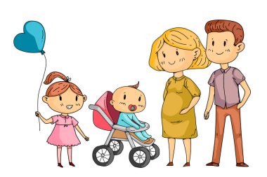 Küçük çocukları olan anne ve baba. Mutlu bir aile. Hamile kadın.