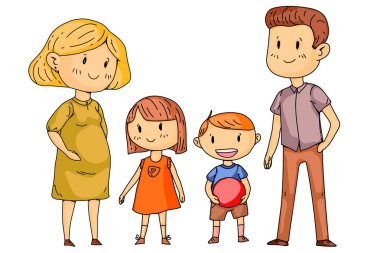 Küçük çocukları olan anne ve baba. Mutlu bir aile. Hamile kadın.