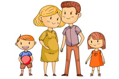 Küçük çocukları olan anne ve baba. Mutlu bir aile. Hamile kadın.