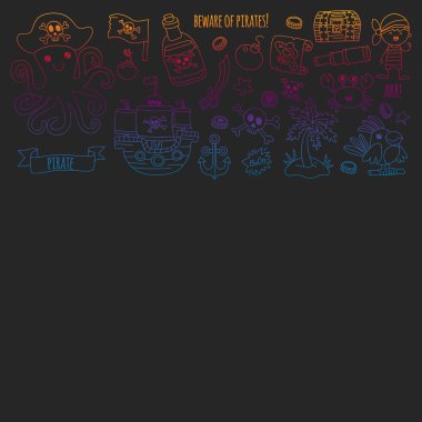 Vektör desen ile korsan kutsal kişilerin resmi. Macera, doğum günü partisi.